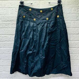 NEW DIRECTIONS 12 Black 100% Cotton Beaded Boho Peasant Art Midi Skirt • FLAWS‼